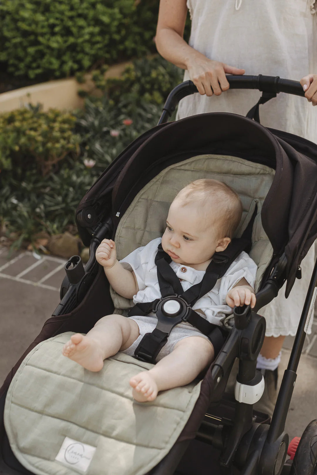 Linen Pram Liner Soft Sage and Pinstripe Our Little Darlings