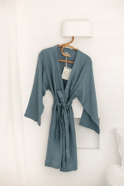 French Linen Robe - Denim Blue