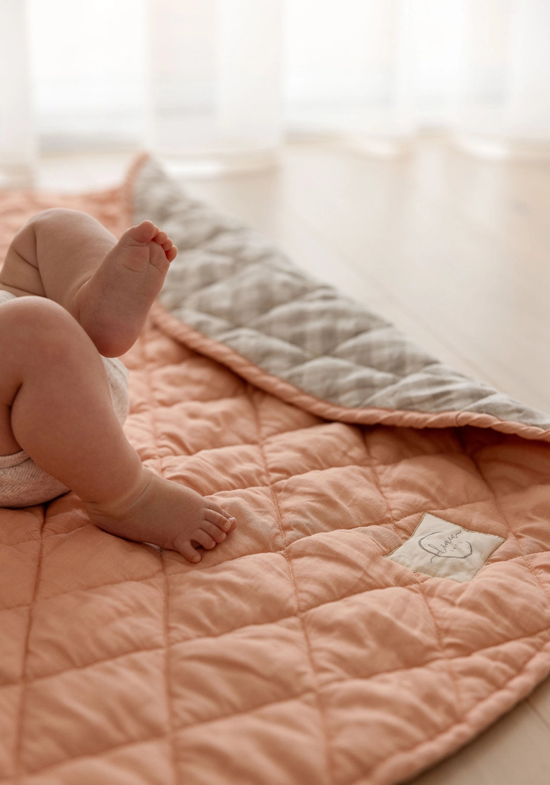 Linen Play Mat - Coral and Natural Gingham