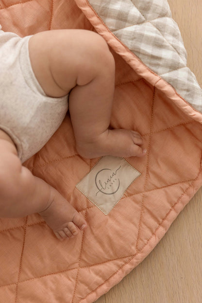 Linen Play Mat - Coral and Natural Gingham