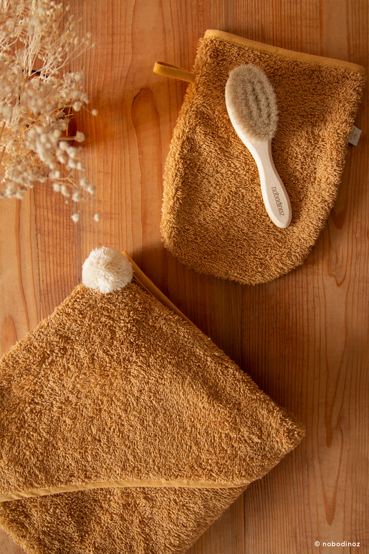 Baby Bath Set - Hooded Towel, Wash Mitt and Brush - Caramel