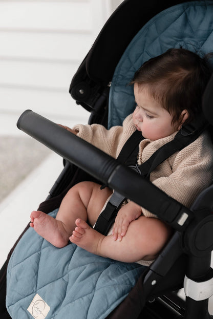 Linen Pram Liner - Dusty Denim Blue and Gingham