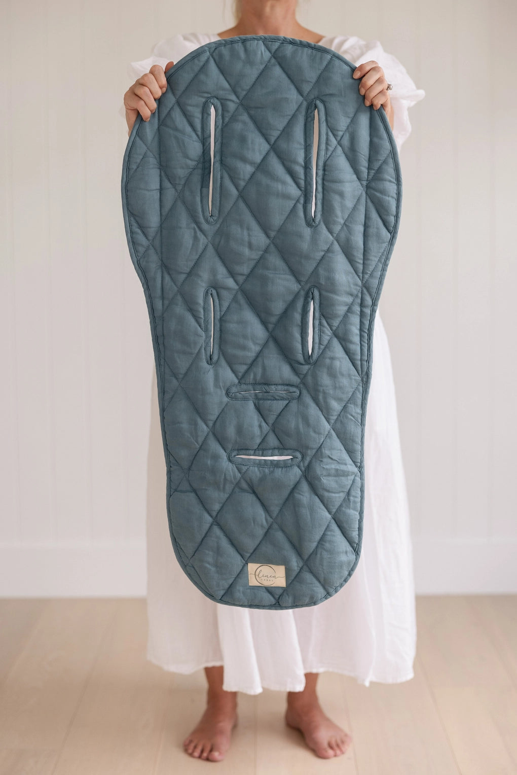 Linen Pram Liner - Dusty Denim Blue and Gingham