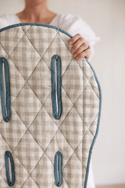 Linen Pram Liner - Dusty Denim Blue and Gingham